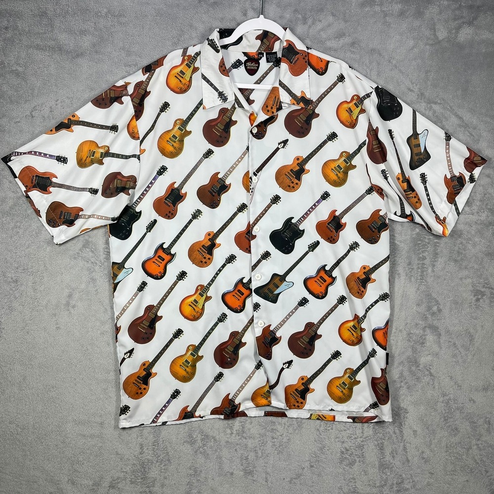 Gibson Tour Wear Button Up Mens XXL White Guitar Print Short Sleeve Shirt
